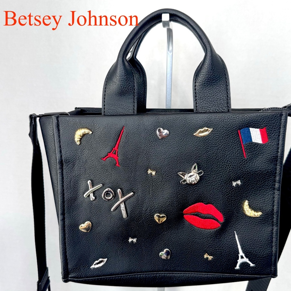 BETSEY JOHNSON Paris Embroidered Crossbody w charms/Handbag/Mini Tote/Black